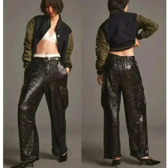 NWT Anthropologie Black Sequin Cargo Pull on Trouser Party Event Pants Size 16 - Picture 1 of 11